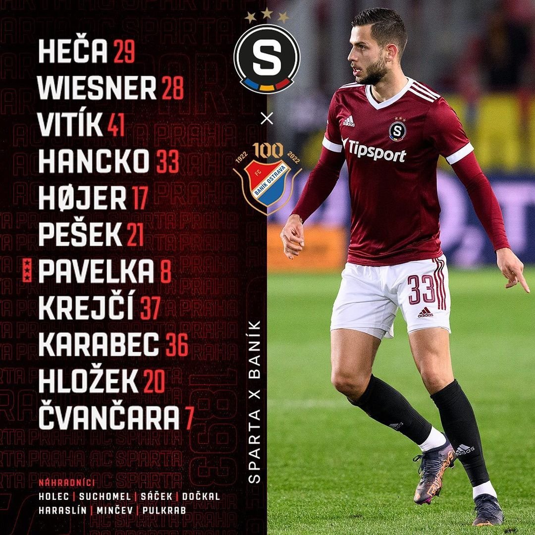 1️⃣1️⃣ SESTAVA | Do utkání proti Baníku vyběhneme v tomto složení:

? Heča - Wiesner, Vitík, Hancko, Højer - Pešek, Pavelka, LK37, Karabec, Hložek - Čvančara.

❗ Zdraví do hry nepustí Čelůstku a Panáka. #acsparta